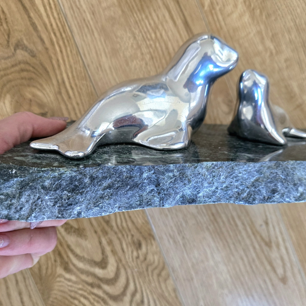 🇨🇦 Cast Aluminum Sculpture On Marble Base. Mama & Seal Pup by John Hoselton